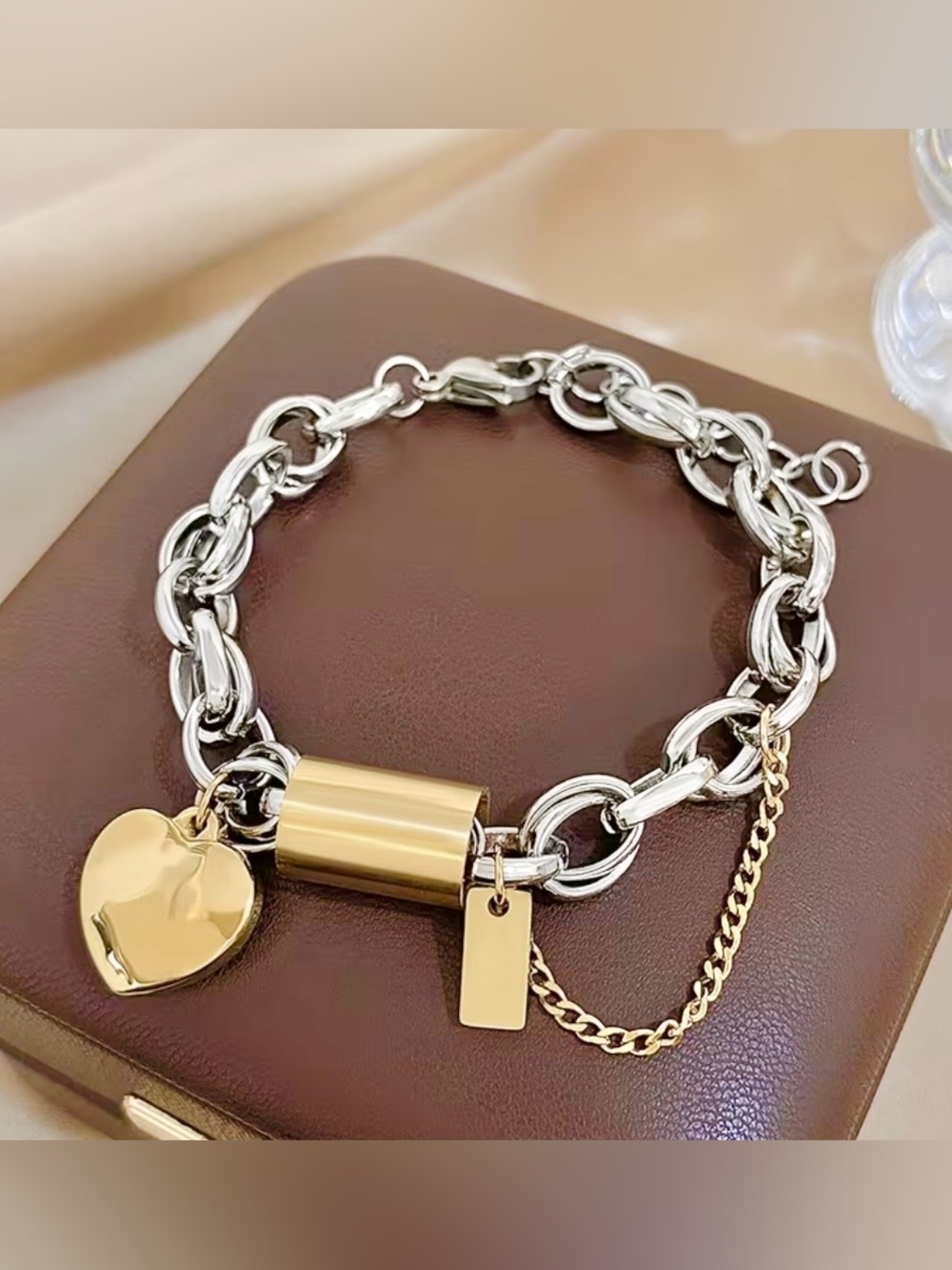 NWT Two-Tone Silver & Gold Heart Lock Charm Bracelet- Stainless Steel